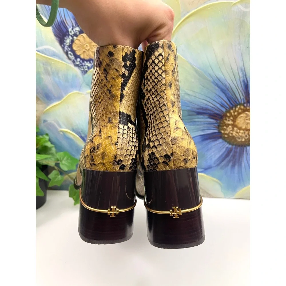 New Tory Burch Snakeskin Embossed‎ Leather Square Toe Ankle Boots 9.5 Yellow